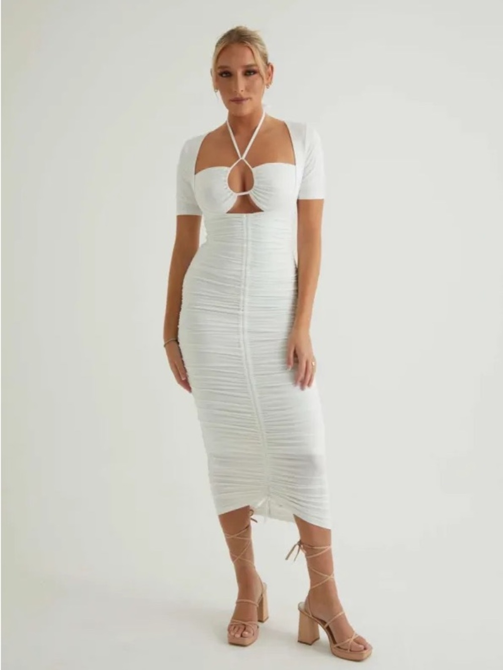 NWT Alana Eve White Short Sleeve Ruched Midi Dress 3X
